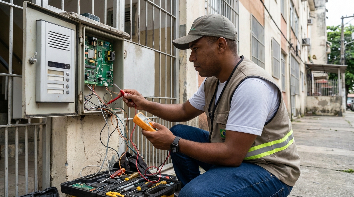 Eletricista consertando interfone em Niterói‑RJ